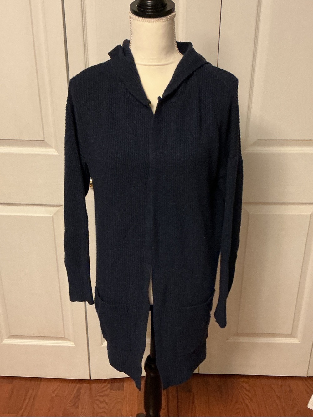 Pink Rose Navy Hooded Open-Front Long Cardigan